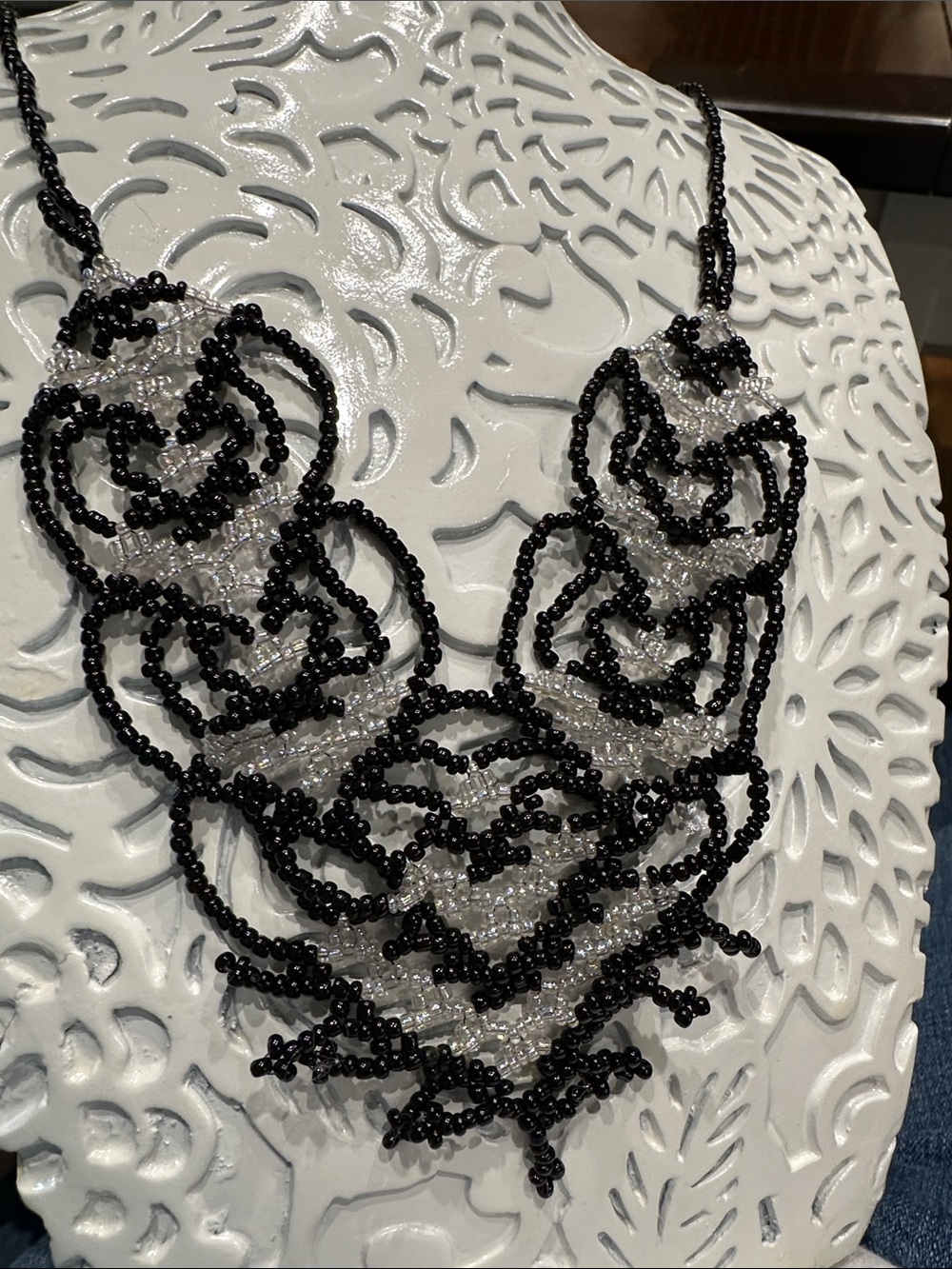 Handcrafted Black and Clear Beaded Statement Necklace - Picture 5 of 7
